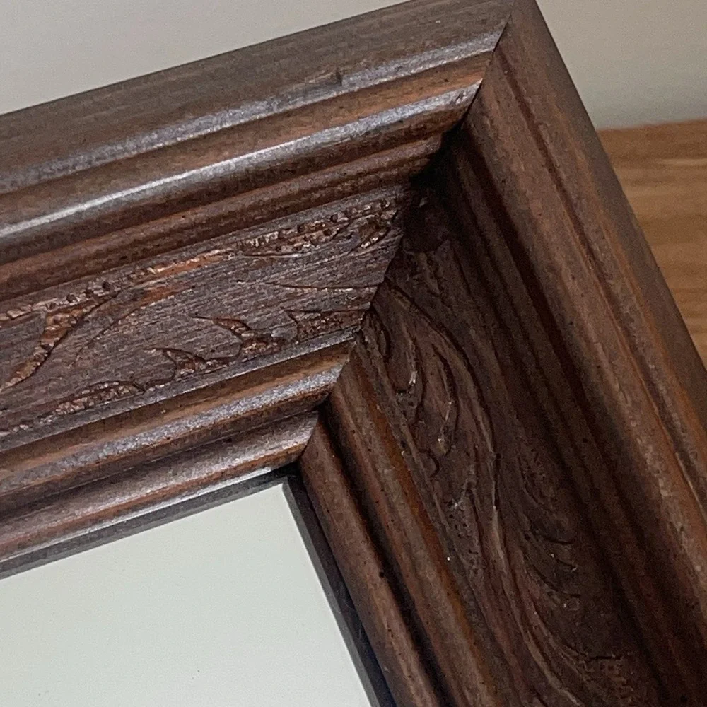 VINTAGE Signed Hand Carved Wood Framed Square Mirror Victorian Cabin 8x8